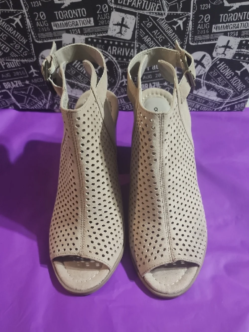 Time And Tru Womens Suede Perforated Peep-Toe Block Heel Booties - Beige